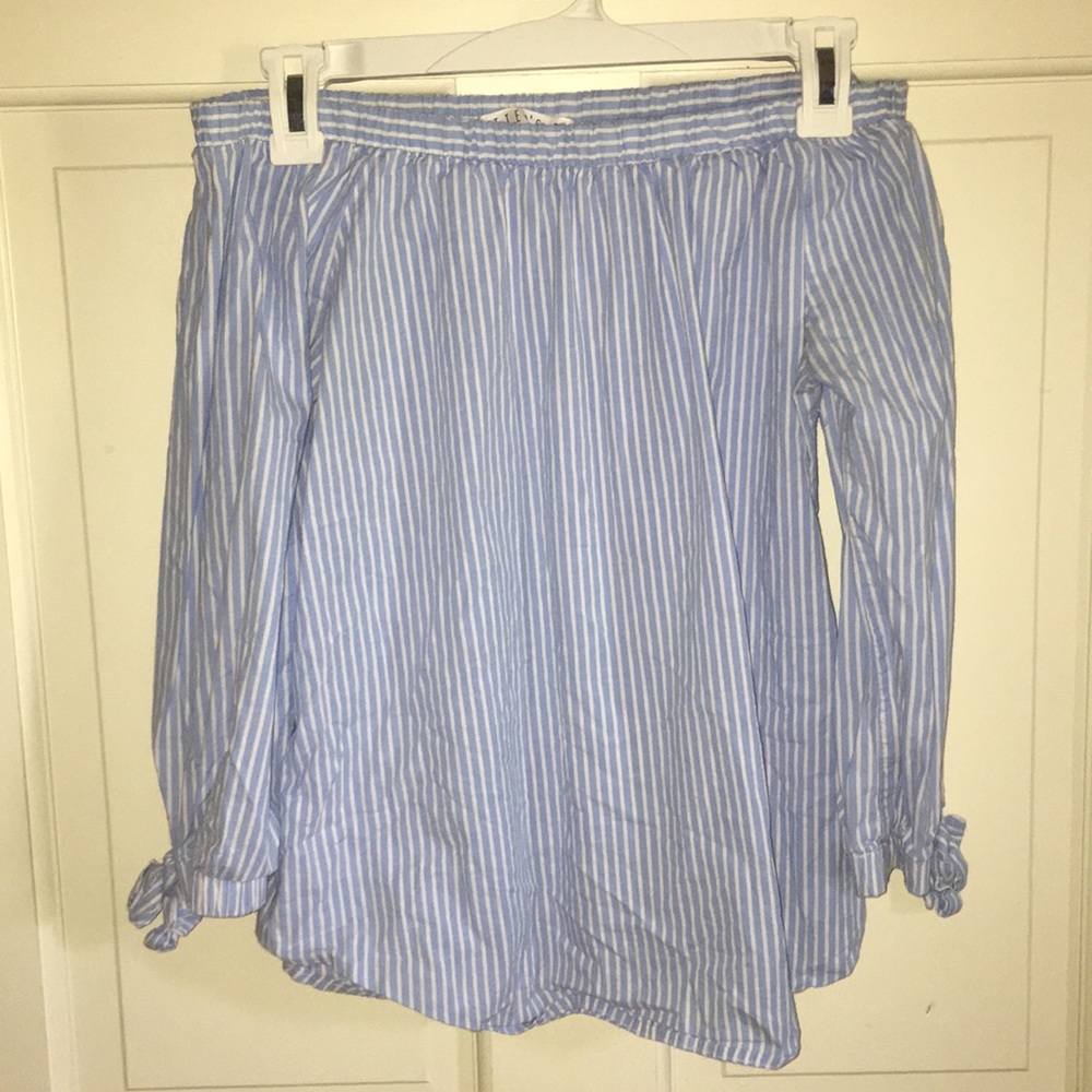 Off the shoulder blue and white stripped shirt